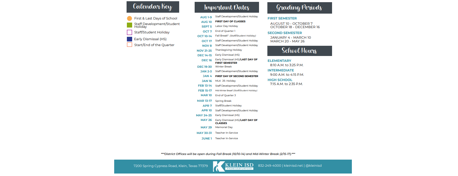 District School Academic Calendar Key for Klein Annex