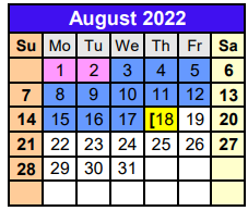 District School Academic Calendar for Denton Co J J A E P for August 2022