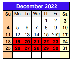 District School Academic Calendar for Dyer Elementary for December 2022