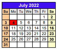 District School Academic Calendar for Denton Co J J A E P for July 2022