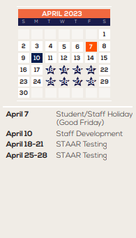 District School Academic Calendar for Galveston Co J J A E P for April 2023