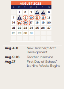 District School Academic Calendar for Galveston Co J J A E P for August 2022