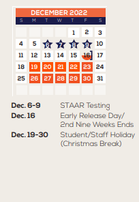 District School Academic Calendar for Galveston Co J J A E P for December 2022