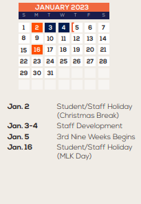 District School Academic Calendar for Galveston Co J J A E P for January 2023