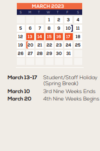 District School Academic Calendar for Galveston Co J J A E P for March 2023