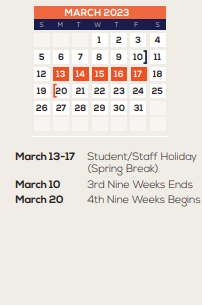 District School Academic Calendar for Early Childhood Learning Center for March 2023