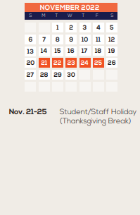 District School Academic Calendar for Early Childhood Learning Center for November 2022