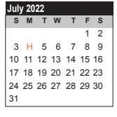 District School Academic Calendar for Dewalt Alter for July 2022