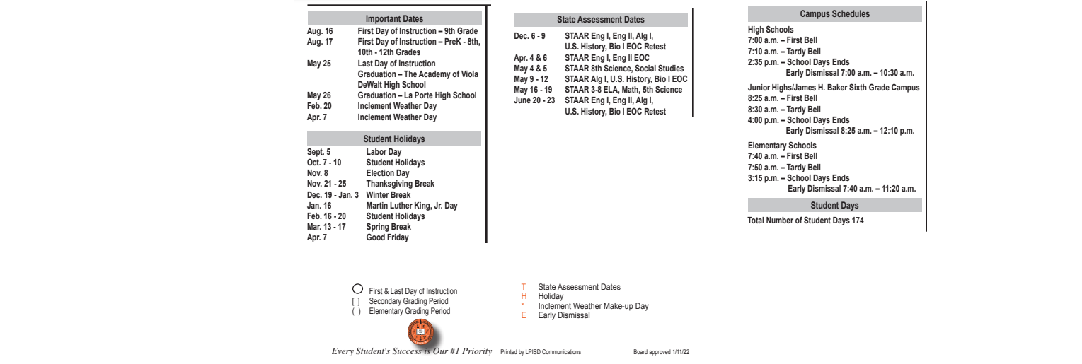 District School Academic Calendar Key for La Porte High School