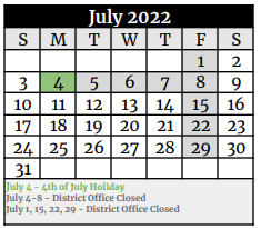 District School Academic Calendar for La Vernia Primary for July 2022