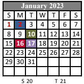 District School Academic Calendar for N. P. Moss Middle School for January 2023