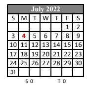 District School Academic Calendar for N. P. Moss Middle School for July 2022