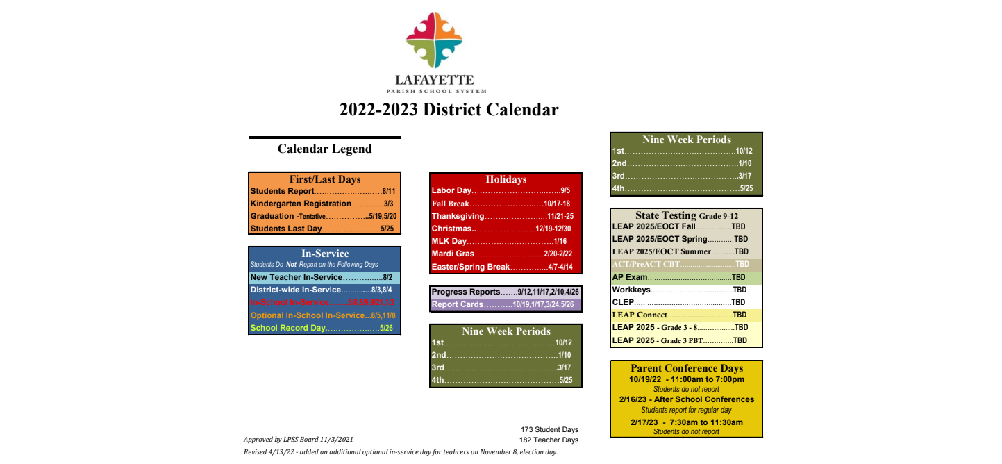 District School Academic Calendar Key for Lafayette Alternative Program For Students
