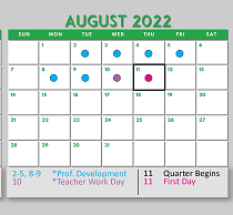 District School Academic Calendar for Shady Shores El for August 2022