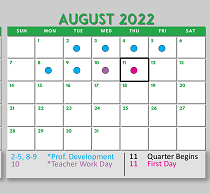 District School Academic Calendar for Denton Co J J A E P for August 2022