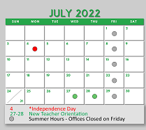 District School Academic Calendar for Shady Shores El for July 2022