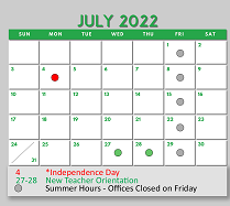 District School Academic Calendar for Denton Co J J A E P for July 2022