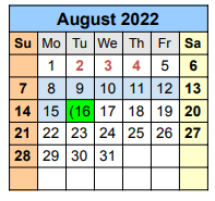 District School Academic Calendar for Travis Co J J A E P for August 2022