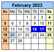 District School Academic Calendar for Travis Co J J A E P for February 2023