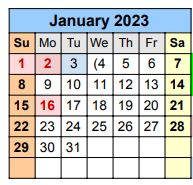 District School Academic Calendar for Travis Co J J A E P for January 2023