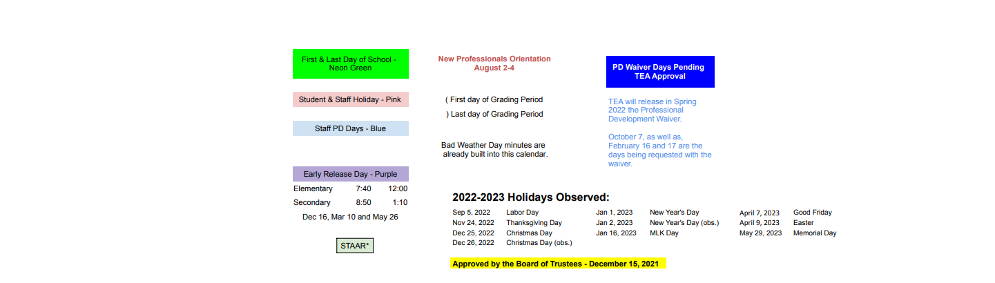 District School Academic Calendar Key for Lake Travis Elementary