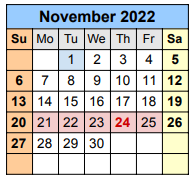 District School Academic Calendar for Travis Co J J A E P for November 2022