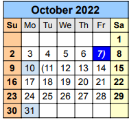 District School Academic Calendar for Travis Co J J A E P for October 2022