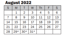 District School Academic Calendar for Family Learning Center for August 2022