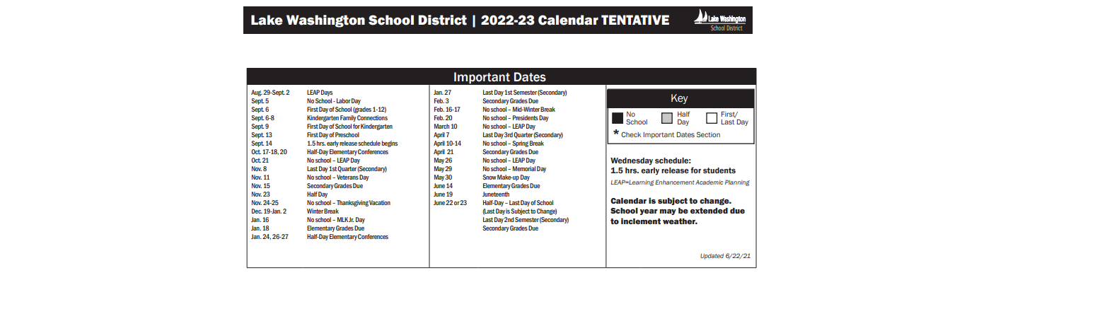 District School Academic Calendar Key for Finn Hill Junior High School