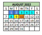 District School Academic Calendar for Tarrant Co Juvenile Justice Ctr for August 2022