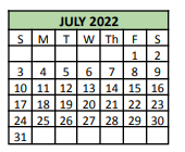 District School Academic Calendar for Tarrant Co Juvenile Justice Ctr for July 2022