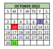 District School Academic Calendar for Tarrant Co Juvenile Justice Ctr for October 2022