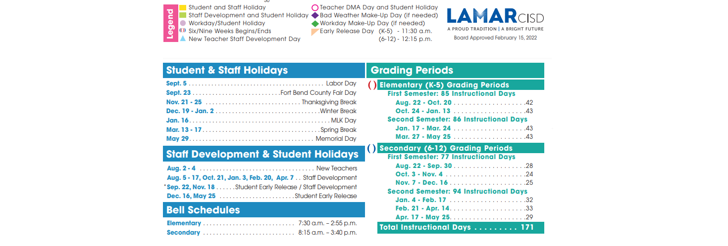 District School Academic Calendar Key for Lamar Cons High School