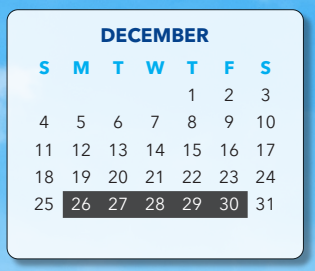 District School Academic Calendar for Hill Center for December 2022