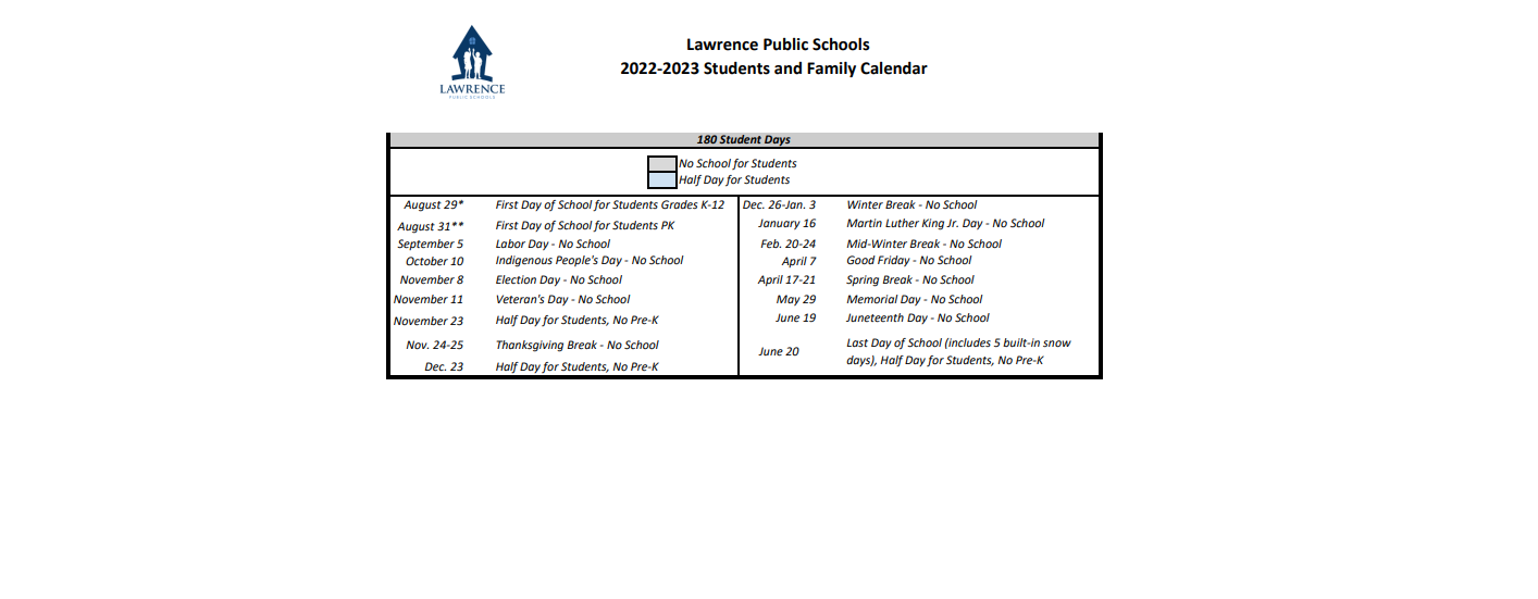 District School Academic Calendar Key for South Lawrence East Elementary School