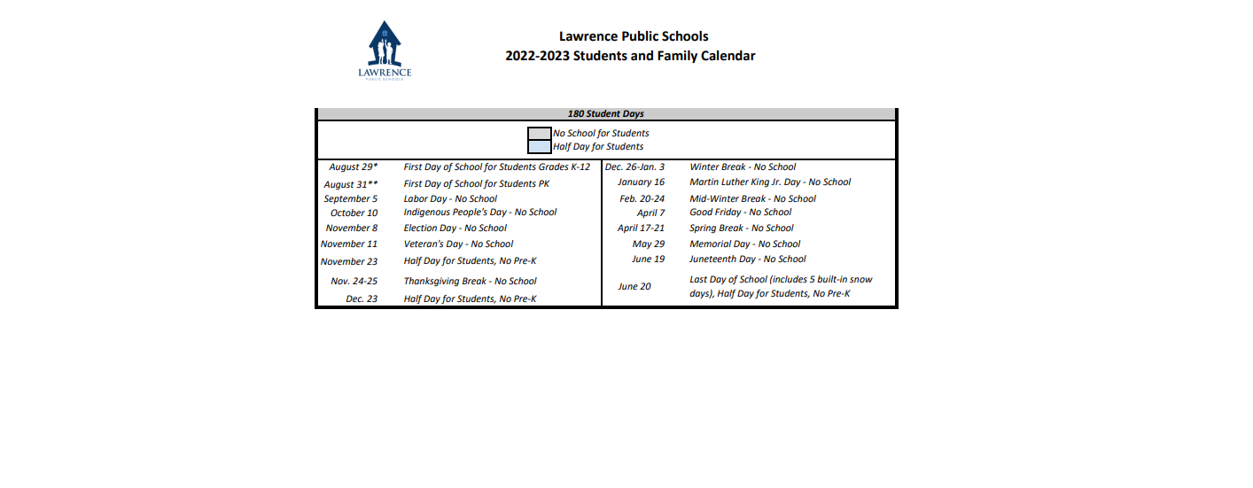 District School Academic Calendar Key for Lawrence High