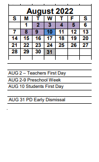 District School Academic Calendar for River Hall Elementary School for August 2022