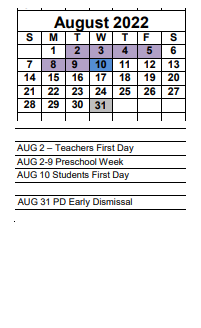 District School Academic Calendar for Sunshine Elementary School for August 2022