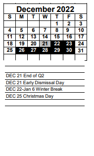 District School Academic Calendar for Dunbar Community School for December 2022