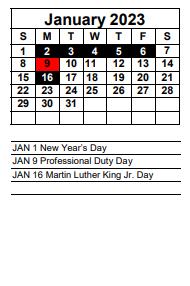 District School Academic Calendar for Lee County High Technical Center Central for January 2023