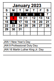 District School Academic Calendar for Paul Laurence Dunbar Middle School for January 2023