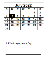 District School Academic Calendar for Sunshine Elementary School for July 2022