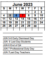 District School Academic Calendar for Early Childhood Learning Services for June 2023