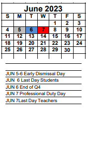 District School Academic Calendar for Bayshore Elementary School for June 2023
