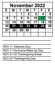 District School Academic Calendar for River Hall Elementary School for November 2022