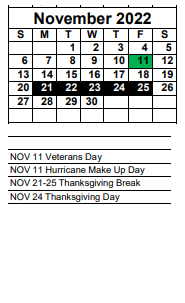 District School Academic Calendar for Southwest Florida Juvenile Det Center for November 2022