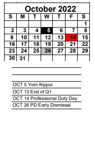 District School Academic Calendar for Lee Adolescent Mother's PROG. for October 2022