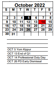 District School Academic Calendar for Bayshore Elementary School for October 2022