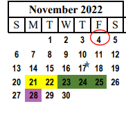 District School Academic Calendar for South El for November 2022