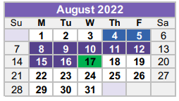 District School Academic Calendar for Williamson County Juvenile Detenti for August 2022